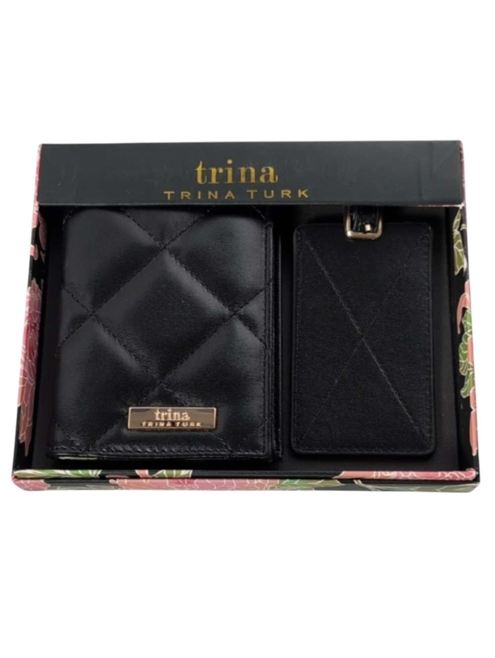 Trina Trina Turk  Black Quilted Passport Holder & Luggage Tag Gift Set